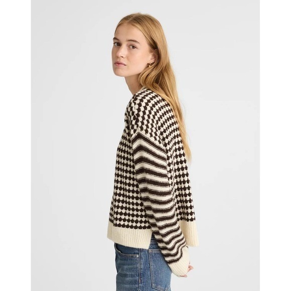 NWT MADEWELL Mixed Stripe Checked Pullover Sweater Brown/Ivory Alpaca Medium - Picture 2 of 9